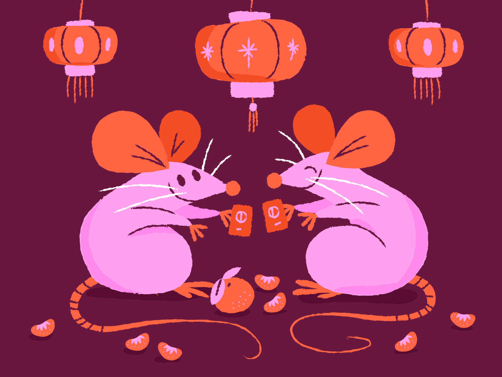 Ilustração de dois ratos conversando à luz de lâmpadas chinesas. Ao chão, pedaços de frutas estão espalhados.