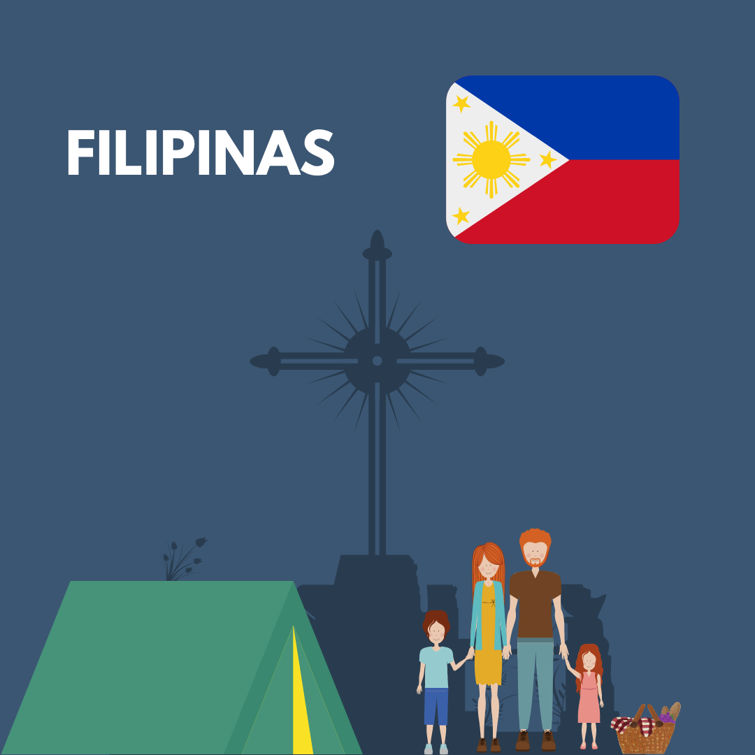 Imagem representando as Filipinas com a ilustração de uma família, uma cruz ao fundo e a bandeira do país