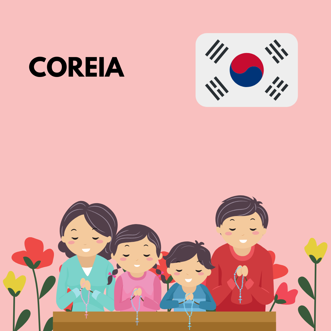 Imagem representando a Coreia com uma ilustração de família orando, flores ao redor e a bandeira do país