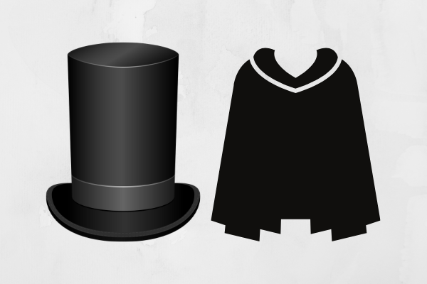 Ilustración de tapa y sombrero de copa negro.