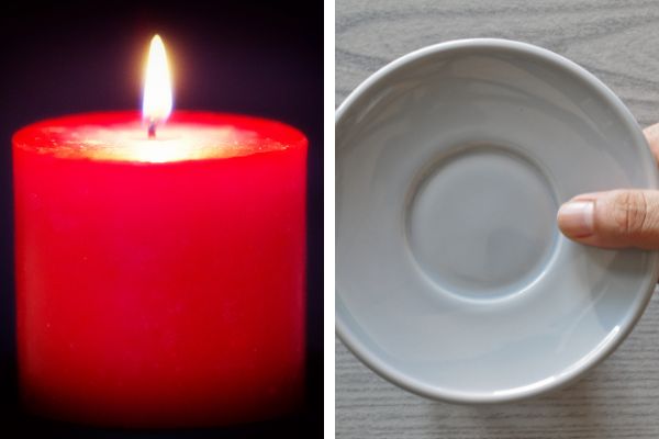 Imagem em gride de uma vela vermelha e de um pires branco