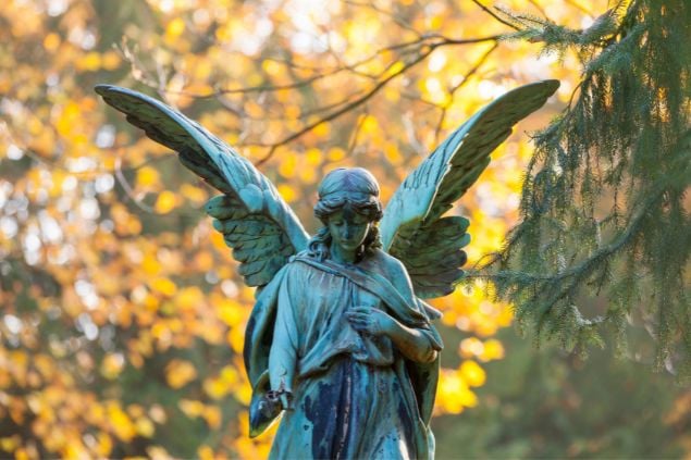 Imagem da estátua de um anjo no meio de um jardim