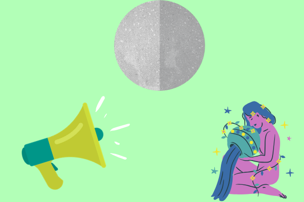 Ilustração de megafone com planeta mercúrio e símbolo de aquário