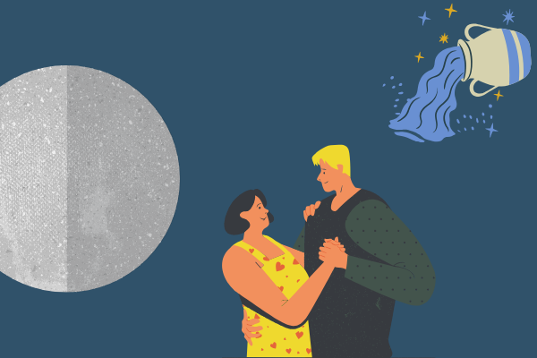 Ilustração de planeta mercúrio, casal de mãos dadas e símbolo de aquário