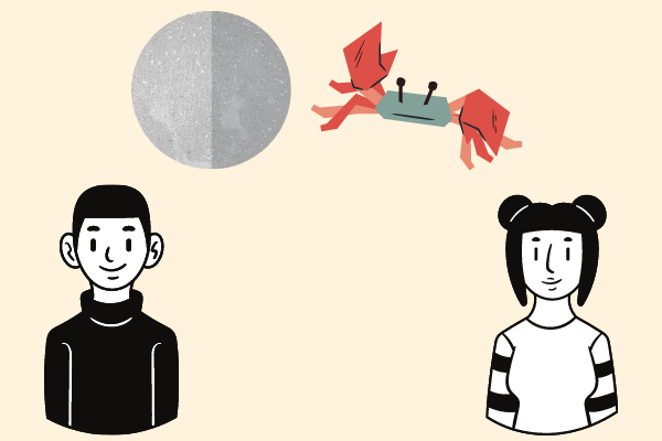 Ilustração de homem e mulher, planeta mercúrio e símbolo de câncer
