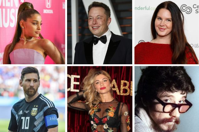 Grid: Ariana Grande, Elon Musk, Lana Del Rey, Messi, Grazi Massafera e Raul Seixas.