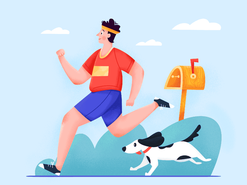 Ilustração de um homem correndo com seu cachorro.