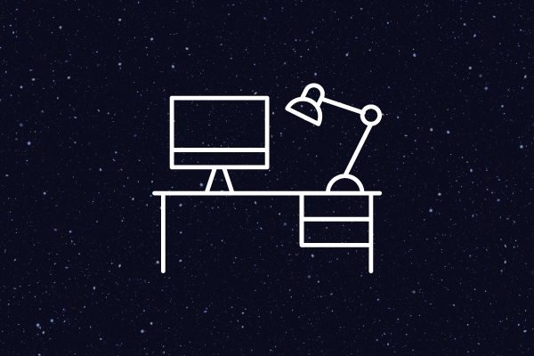 Ilustração de uma mesa com um computador sobre o céu estrelado