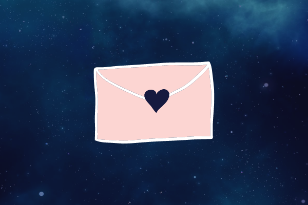 Ilustração de uma carta de amor sobre o céu estrelado