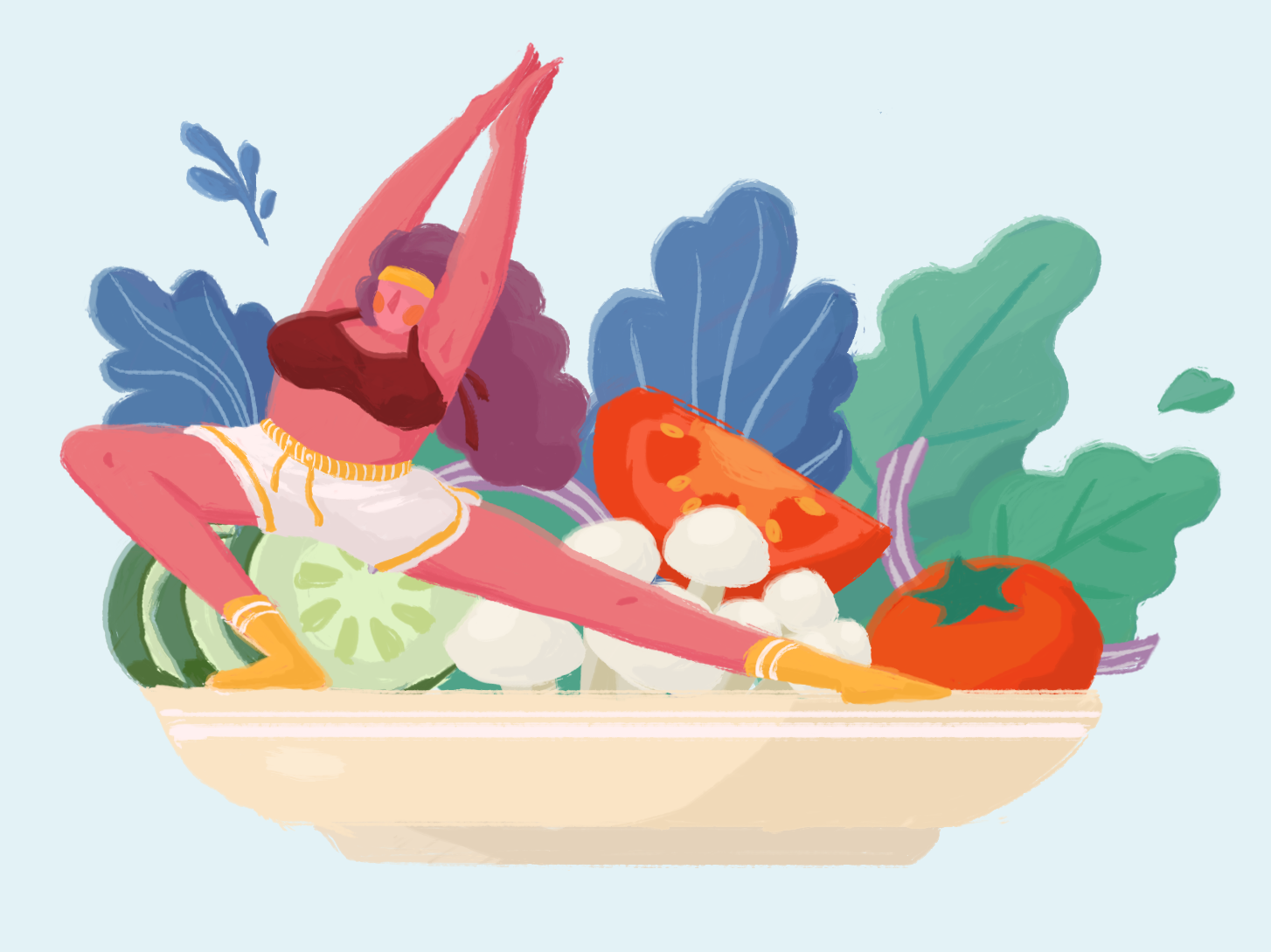 Ilustração de uma mulher em um prato de salada.