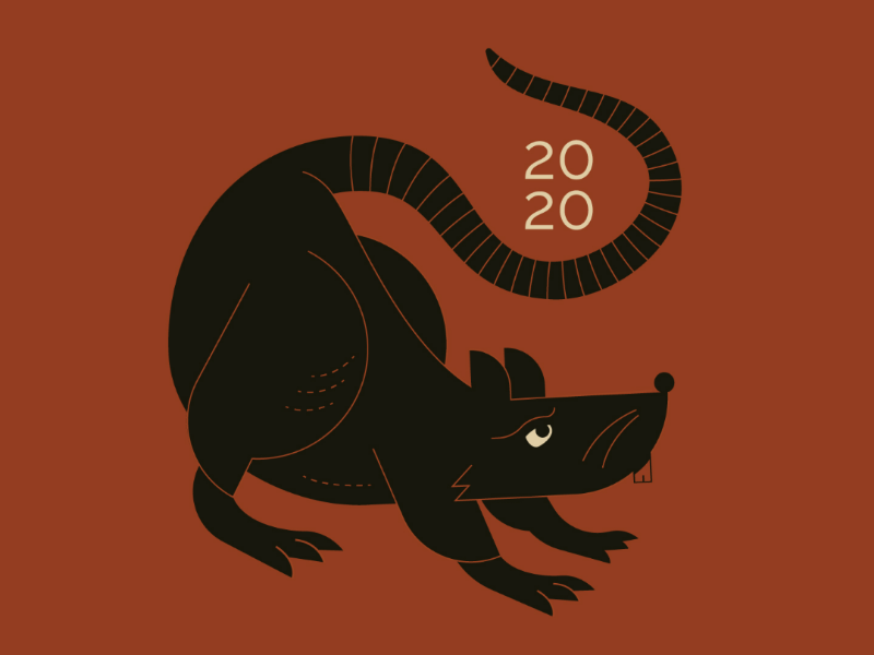 Ilustração de um rato olhando para cima, com o número 2020 escrito entre sua cauda.